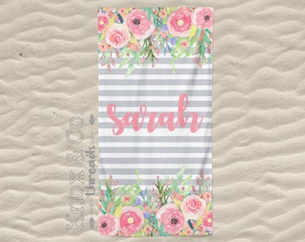 Personalized Beach Towel - Watercolor Floral Beach Towel - Name or  Monogram - Gray Stripes - Beach - Pool - Summer - Birthday - Vacation