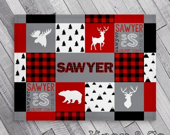 Personalized Baby Blanket - Buffalo Plaid - Woodland - Deer - Bear - Moose - Red Black Baby Shower - Name Announcement - Birth announcement