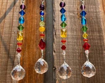 Crystal Suncatcher, rainbow chakra & 20mm crystal ball prism. Rainbow window hanging, light catcher, pride zen decor, protect bird collision