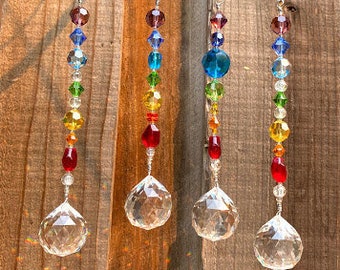 Crystal Suncatcher, rainbow chakra & 30mm crystal ball prism. Rainbow window hanging, light catcher, pride zen decor, protect bird collision