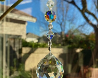 Crystal Suncatcher, clear chakra & 30mm crystal ball prism. Window hanging, light catcher, clear zen decor, protect bird collision