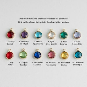 May include: Twelve birthstone charms in gold settings, each with a different coloured gemstone. The charms are arranged in two rows of six, with the month and gemstone name listed below each charm. The charms are available for purchase separately.