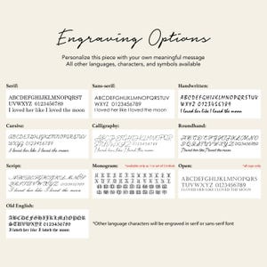 May include: A chart showing different font styles for engraving options. The fonts include serif, sans-serif, cursive, script, old English, calligraphy, handwritten, roundhand, monogram, and open. The chart also includes the numbers 0123456789 and the letters A through Z in each font style.