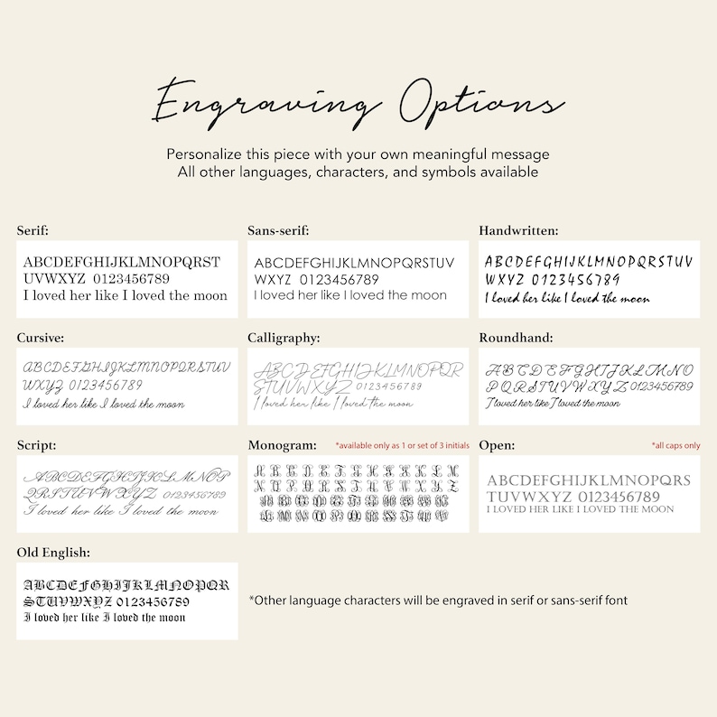 May include: A chart showing different font styles for engraving options. The fonts include serif, sans-serif, cursive, script, old English, calligraphy, handwritten, roundhand, monogram, and open. The chart also includes the numbers 0123456789 and the letters A through Z in each font style.