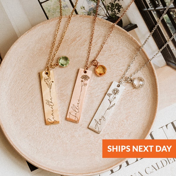Personalized Birth Flower Necklace Birthstone Bar Pendant Name Necklace Handmade Necklaces Gold Jewelry Family Mothers Day Gift for Women