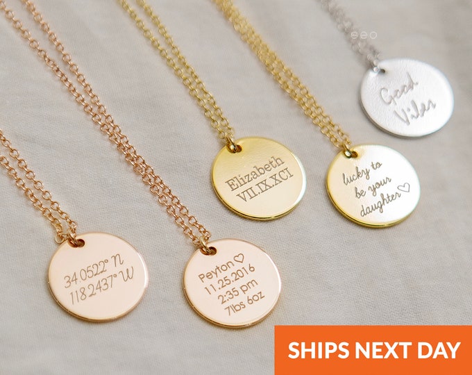 Personalized Engraved Handmade Medallion Pendant Custom Name Engraved Coin Necklace Charm Necklace Mothers Day Gift Initial Disc Jewelry