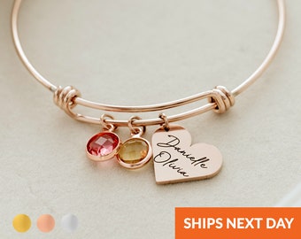 Personalized Birthstone Bracelet Mama Heart Charm Family Birthstones Names Bracelet Grandma Custom Bangle Jewelry for Mom Handmade Gift