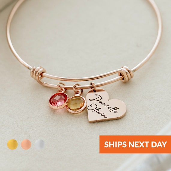 Personalized Heart Birthstone with Names Bangle Bracelet Personalized Heart Birthstone with Names Bangle Bracelet