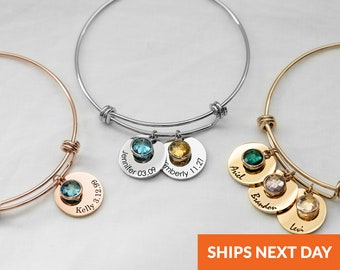 Personalized Birthstone Bracelet for Mom Gifts for Her Under 20 Grandma Jewelry Grandmother Gift Name Bangle Bracelet with Charms