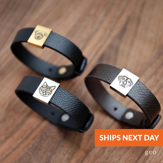 Personalized Pet Portrait Leather Bracelet Engraved Leather Accessories Men Custom Pet Bracelet Unisex Mothers Day Gift Jewelry Faux Leather