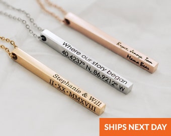 Personalized Minimalist Jewelry Custom Coordinate Necklace Bar Necklace Name Necklaces Gifts for Mom Gift for Her Engraved Necklace Women