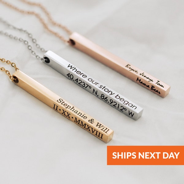 Personalized Minimalist Jewelry Custom Coordinate Necklace Bar Necklace Name Necklaces Gifts for Mom Gift for Her Engraved Necklace Women