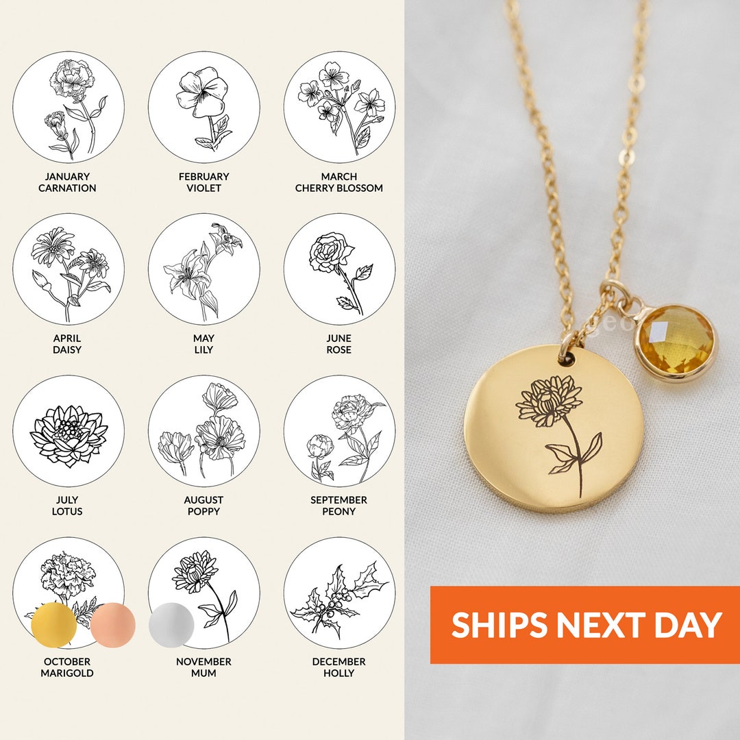 Personalized Birthstone Necklace Birthflower Pendant Birth Flower Charm ...