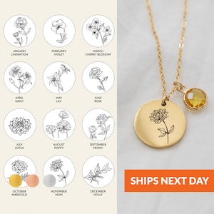 May include: A gold necklace with a round pendant featuring a delicate flower design. The pendant is attached to a chain with a small, clear gemstone charm. The necklace is displayed against a white background with a grid of twelve flower illustrations, each representing a different month of the year.
