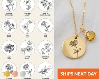 Personalized Birthstone Necklace Birthflower Pendant Birth Flower Charm Necklace Mom Birthday Gift for Her for Mom Birth Month Handmade Gift