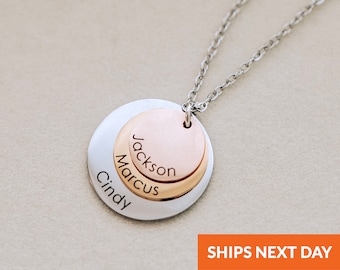 Personalized Mothers Necklace with Kids Names Family Necklace Custom Children Name Charm Necklace Mom Gift for Her 3 Kid Mixed Metal Jewelry
