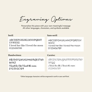 May include: A white background with black text outlining different font options for engraving. The options include Serif, Sans-serif, Handwritten, and Cursive. Each font option includes the alphabet, a sample phrase, and a number sequence.