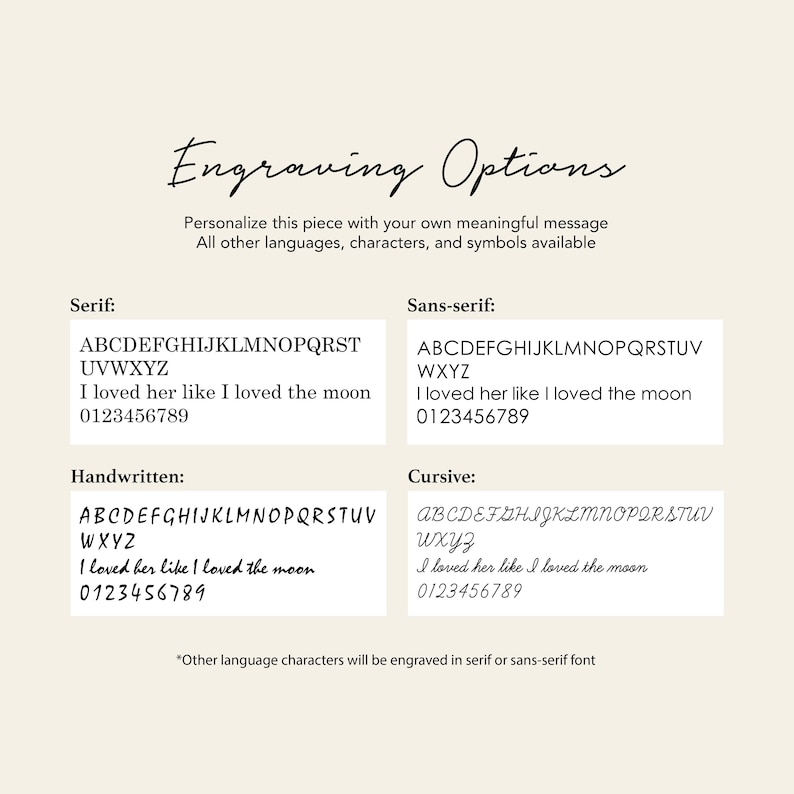 May include: A white background with black text outlining different font options for engraving. The options include Serif, Sans-serif, Handwritten, and Cursive. Each font option includes the alphabet, a sample phrase, and a number sequence.