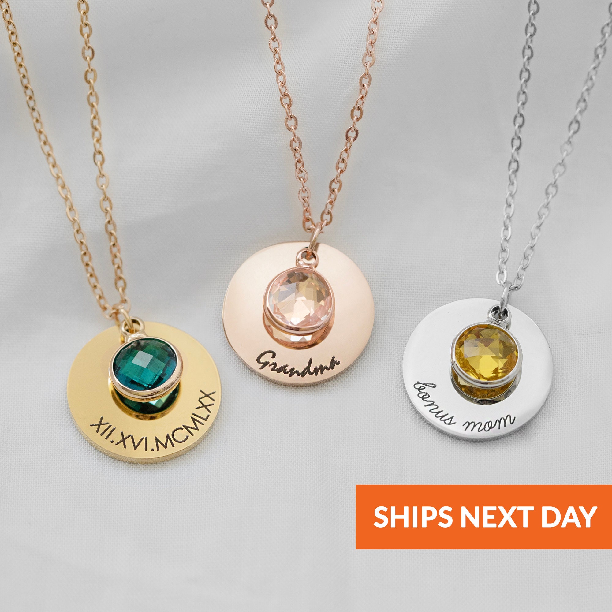 Personalized Engraved Birthstone Necklace Gemstone Necklace Baby Name Necklace Mom Necklace Birthday Gift for Her for Grandma Nana Gift Idea
