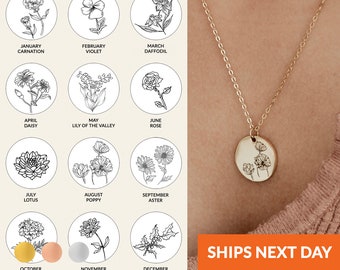 Birth Flower Necklace for Women Personalized Floral Custom Engraved Charm Necklace Birthday Gift For Her Back to College Anniversary Gift