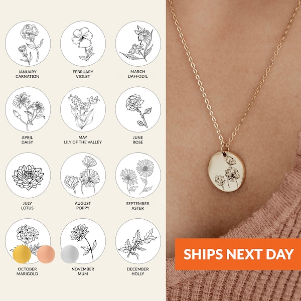 Birth Flower Necklace for Women Personalized Floral Custom Engraved Charm Necklace Birthday Gift For Her Christmas Gift Jewelry Gift