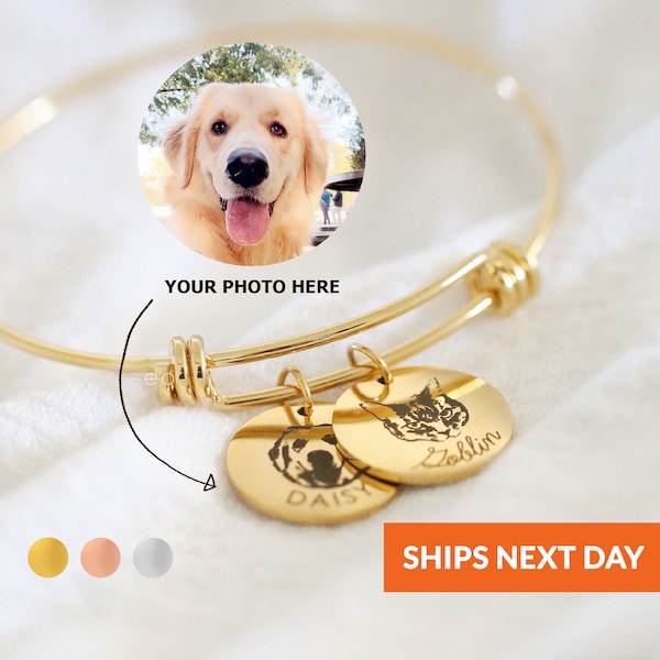 Regali personalizzati per animali domestici Bracciale personalizzato con ritratto di animali domestici Gioielli per animali domestici per persone Regalo per mamma cane Bracciale rigido con ciondoli Regalo commemorativo per animali domestici