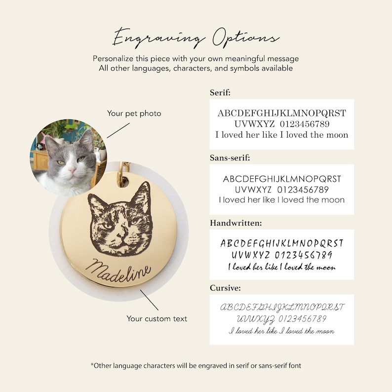 May include: A white background with a graphic showing different font styles for engraving a pet's name or a custom message on a round tag. The tag is shown with a cat's portrait and the name "Madeline". The font styles include serif, sans-serif, handwritten, and cursive.