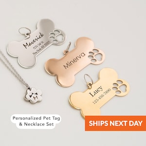 Personalized Pet Tag with Paw Print Necklace Set Dog ID Tag for Dogs Custom Bone Shaped Dog Name Collar Tag Dog Lover Gift Dog and Mom Gifts