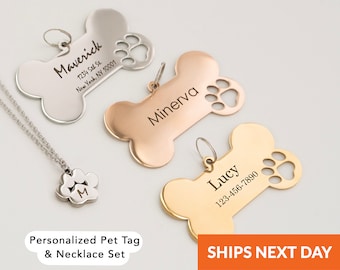Personalized Pet Tag with Paw Print Necklace Set Dog ID Tag for Dogs Custom Bone Shaped Dog Name Collar Tag Dog Lover Gift Dog and Mom Gifts