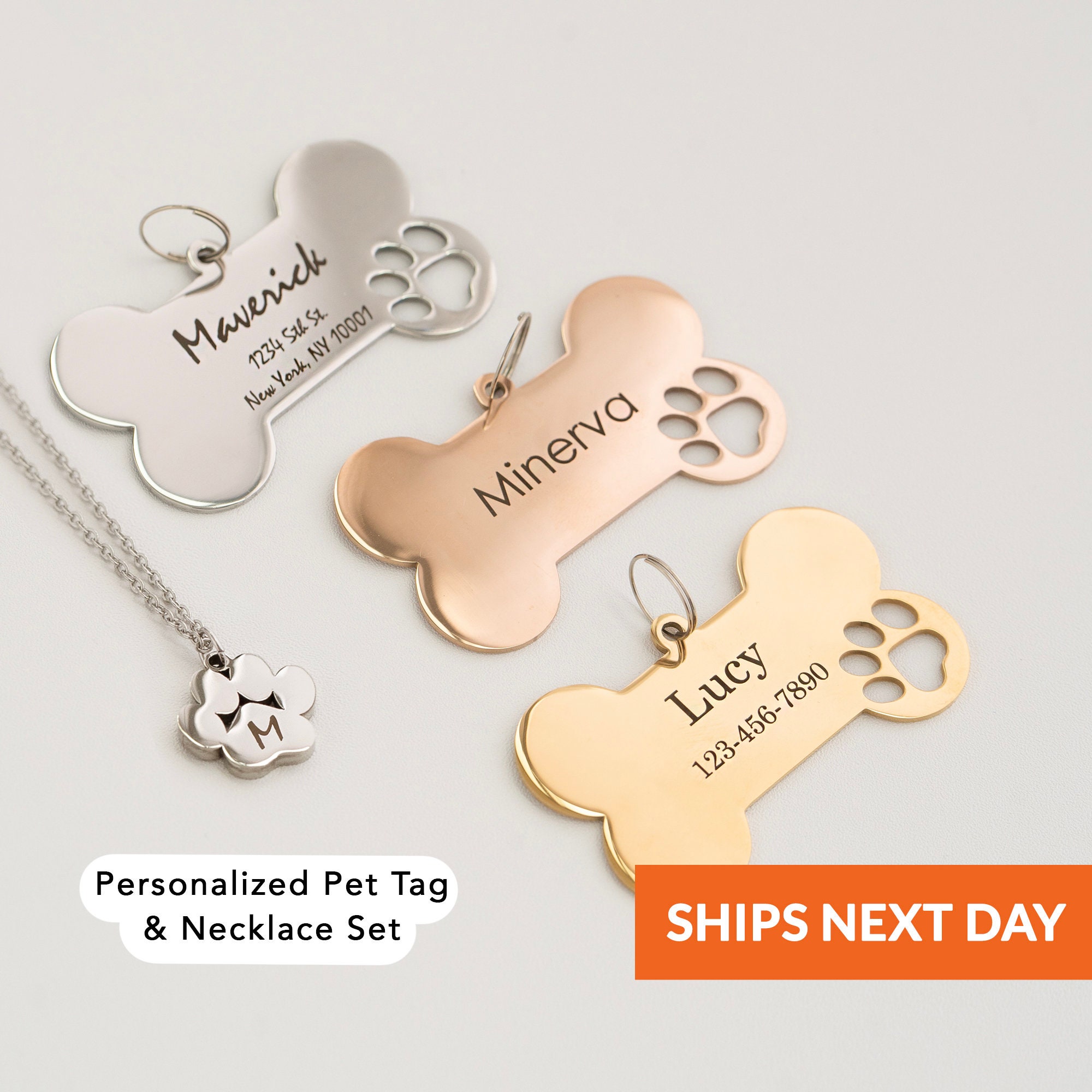 Besufy Pet Dog Tag Bone Shape Dog Tag Metal Ring Engraved ID Name Collar  Pendant Nameplate 