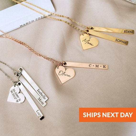 Personalized Necklace Mom Kids Name Necklace Initial Heart Jewelry Bar Charm Necklace Handmade Gift Custom Engraved Birthday Gift for Her Etsy