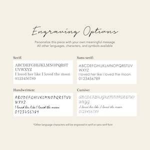 May include: A white background with black text outlining different font options for engraving. The options include serif, sans-serif, handwritten, and cursive. Each font option includes the alphabet, a sample phrase, and a number sequence.