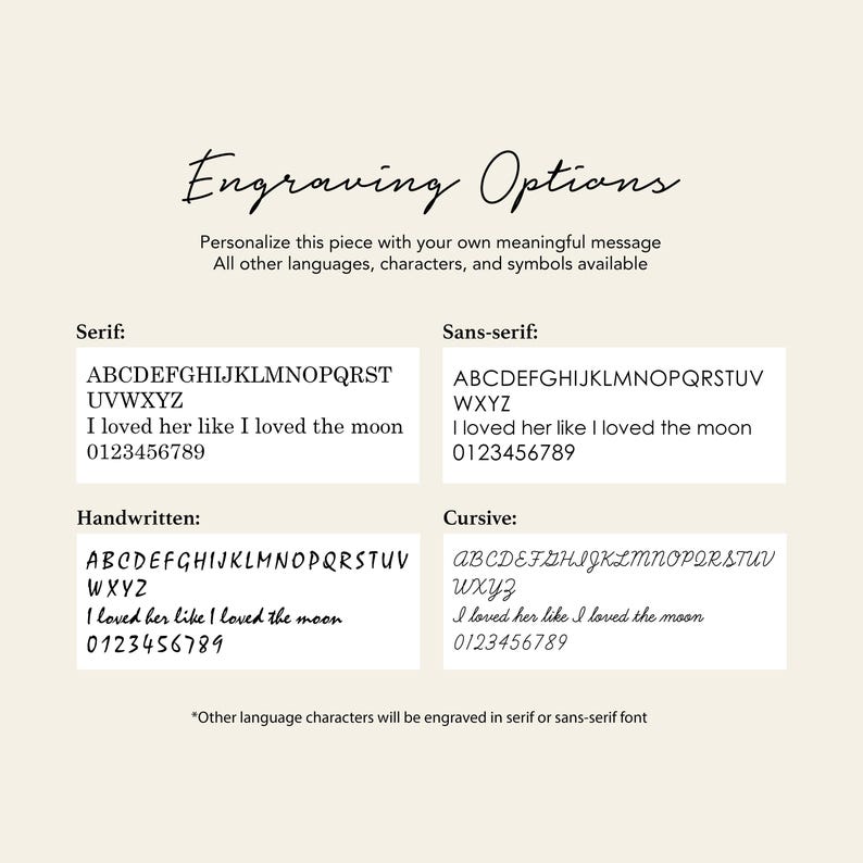 May include: A white background with black text outlining different font options for engraving. The options include serif, sans-serif, handwritten, and cursive. Each font option includes the alphabet, a sample phrase, and a number sequence.