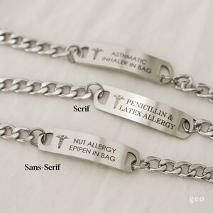 May include: Three silver medical alert bracelets with chain links. The top bracelet has the text "ASTHMATIC INHALER IN BAG". The middle bracelet has the text "PENICILLIN & LATEX ALLERGY". The bottom bracelet has the text "NUT ALLERGY EPIPEN IN BAG".