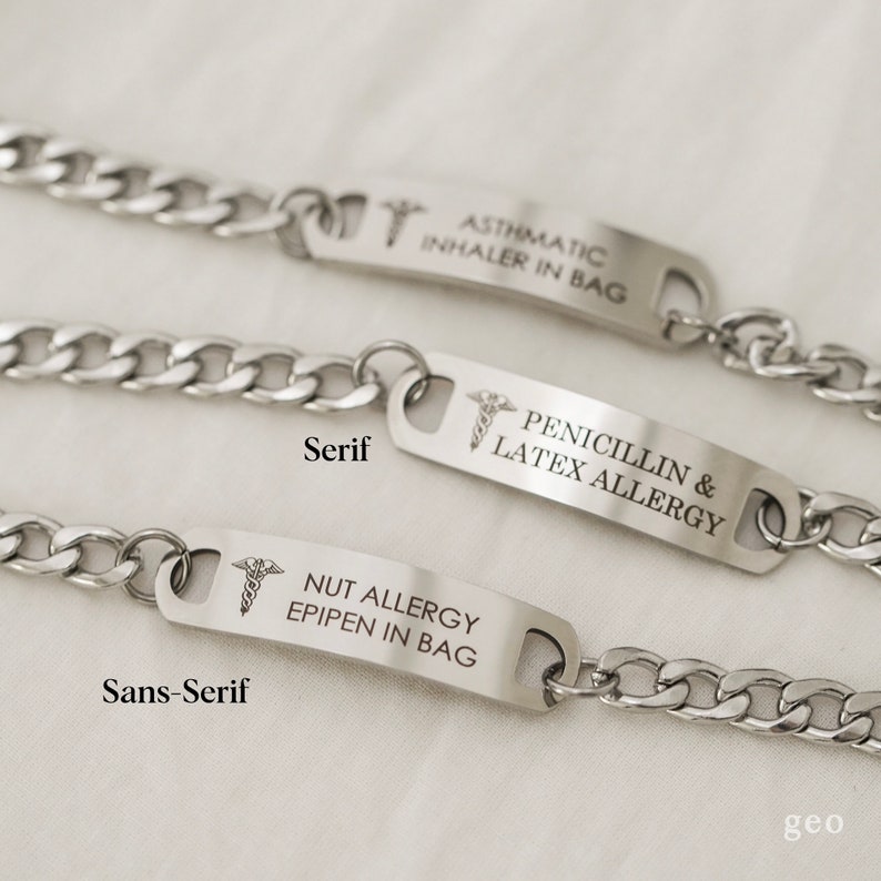 May include: Three silver medical alert bracelets with chain links. The top bracelet has the text "ASTHMATIC INHALER IN BAG". The middle bracelet has the text "PENICILLIN & LATEX ALLERGY". The bottom bracelet has the text "NUT ALLERGY EPIPEN IN BAG".
