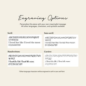 May include: A white background with black text outlining different font options for engraving. The options include Serif, Sans-serif, Handwritten, and Cursive. Each font option includes the alphabet, a sample phrase, and a number sequence.
