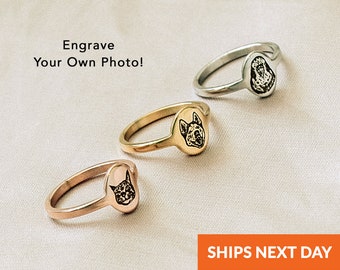 May include: Three gold, silver, and rose gold rings with a small oval-shaped engraving of a pet's face.  Engrave Your Own Photo!  Ships Next Day.