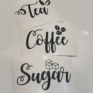 Set of 3 vinyl stickers Tea Coffee Sugar Personalised Stickers Vinyl Decal labels