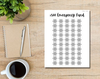 May include: A printable sheet with the text "$500 Emergency Fund" and a grid of 100 small flower illustrations.