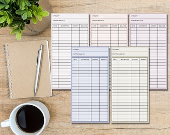 May include: Five printable budget tracker sheets with different colored backgrounds. Each sheet has columns for date, description, amount, and balance. The sheets are designed for tracking expenses and income.