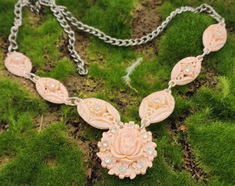 Vintage Featherlite Celluloid Necklace Pink Floral With Rhinestones Retro Era Jewelry
