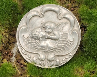 Vintage Cupid & Psyche Brooch High Relief Pewter Mythical Goddess Cherub Pin