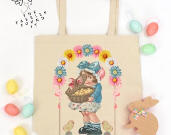 Cute Chick Tote Bag Vintage Sweet Girl Coquette Bows Basket of Chicks Flowers Easter Basket Gift Bag Fun Retro Farmers Market Canvas Tote