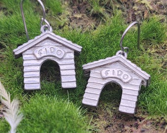 Darling Doghouse Dangle Earrings Vintage Pewter FIDO Pet Home Drop Earrings Cute Gift For Dog Lover Whimsical New Old Stock Pendant Dangles