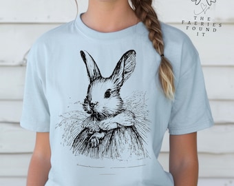 Bunny Rabbit Tee Wearable Art Unisex Garment-Dyed T-shirt Cottagecore Aesthetic 1800's Antique Vintage Vibe Animal, Nature, Garden Lover Tee