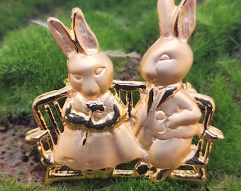Sweet Bunny Brooch Courting Rabbit Pin Whimsical Somebunny To Love Vintage Jewelry Gift Easter Gift Romantic Garden Bench Rabbit Couple Pin