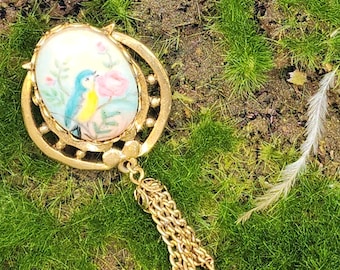 Sweetest Bird Brooch Painted Cabochon Blue Bird Roses Coquette Bow & Tassel Gold Tone Pin Pendant Gift For Her Vintage Jewelry Present