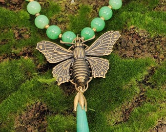 BUTTERFLY Pendant Necklace Green Peking Glass, Vintage Jewelry Lover Gift, Artisan Crafted OAK Assemblage