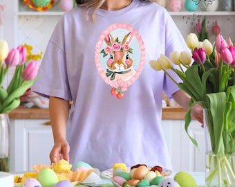 Coquette Bow Bunny Tee Cute Rabbit Strawberry T Shirt Spring Easter Gift Cute Cottagecore Comfy Graphic Tee Fun Fashionista Gift For Her