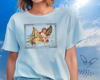 FAIRY T SHIRT Monarch Butterfly Ride Fairycore Unisex Heavy Cotton TeeFairy Lover Gift Cottagecore Clothing Fae Wear Vintage Wearable Art